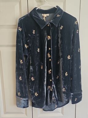 Mystree Navy Velvet Button-Up Jacket with Floral Embroidery
